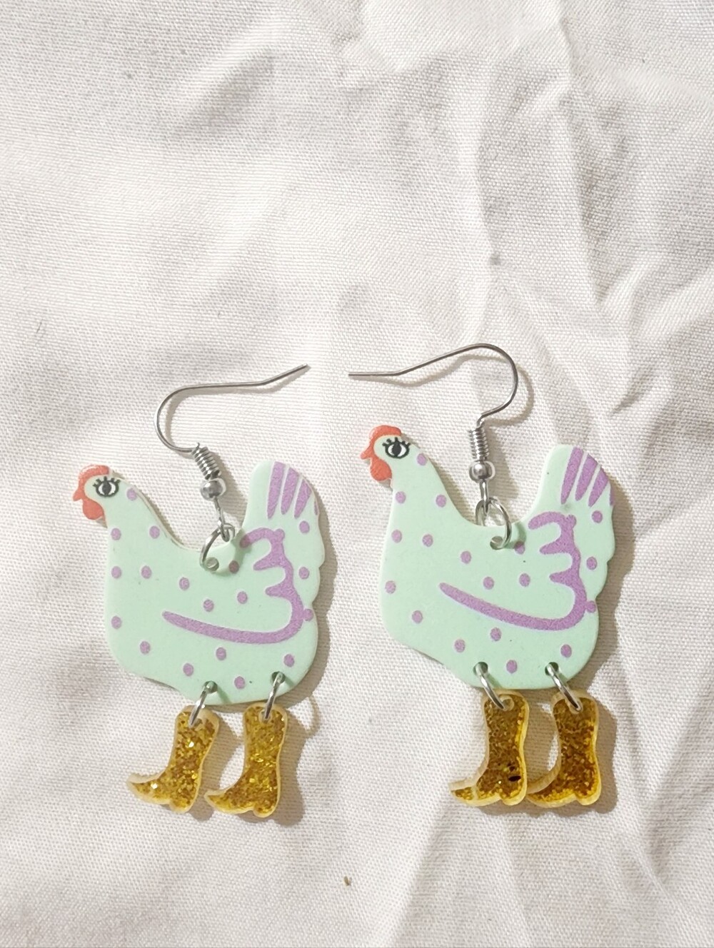 Cute Mint & Purple Chicken Dangle Earrings with Gold Boots - Kids Accessories